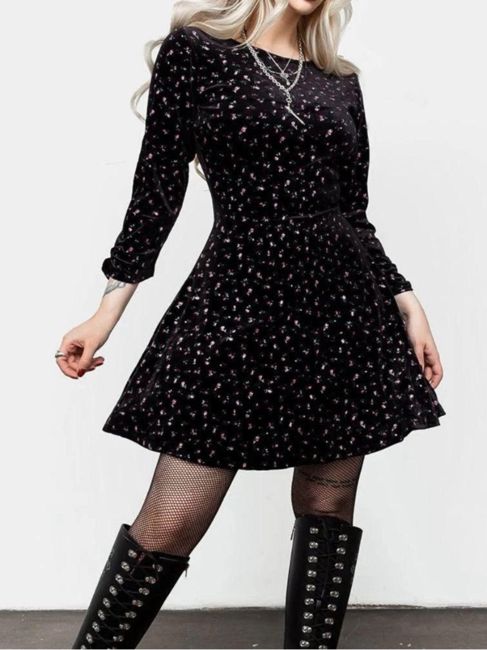 Disturbia Velvet Floral A-Line Dress - Black with Pink Accents
